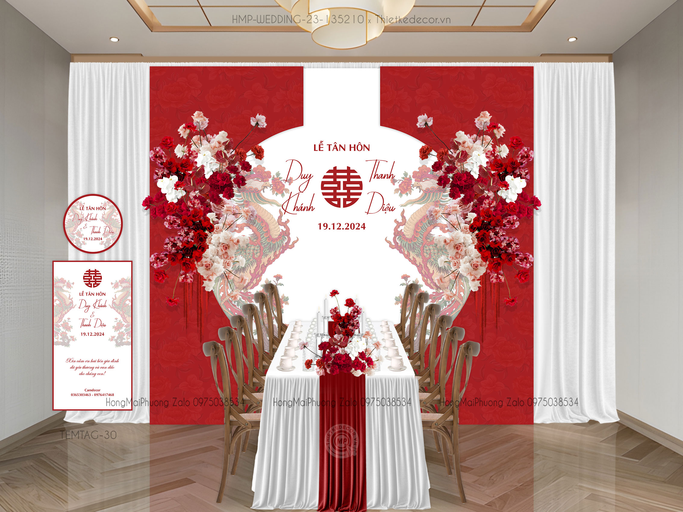 Gia tiên tone đỏ in 2 con rồng kèm tem nước và tag bàn